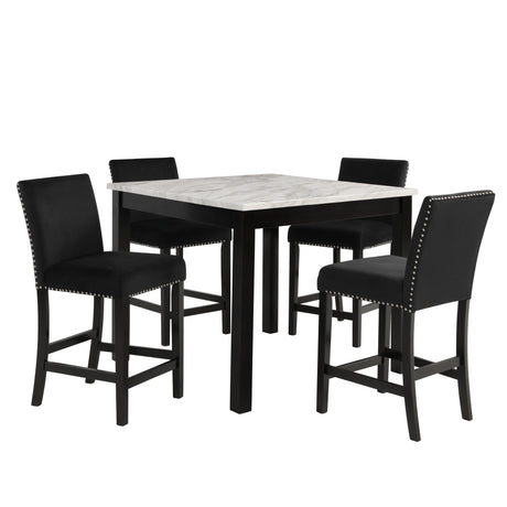 Modern 5pc Counter Height Dining Set with White Faux Marble Table, Black Velvet Upholstered Tufted Nail Head Chairs, Wooden Legs in Black Finish