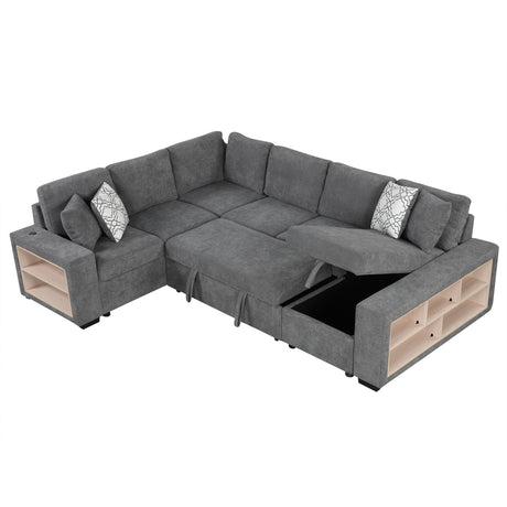 Modern Grey U-Shaped Sectional Sofa Bed with USB Ports, Storage Chaise & Pillows, Chenille Fabric, 109' - sold by Home Elegance USA