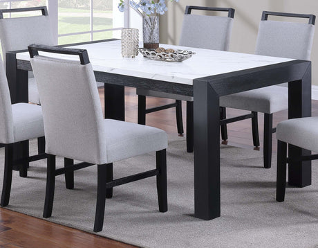 Modern Style Dining Table And 6x Side Chairs White Faux Marble Top Table Handle back Chair Wooden 7pc Dining Set - sold by Home Elegance USA