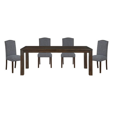 5pc Dining Set Dark Brown Finish Table and Gray Fabric Upholstered 4x Side Chairs Wooden Modern Dining Kitchen Furniture