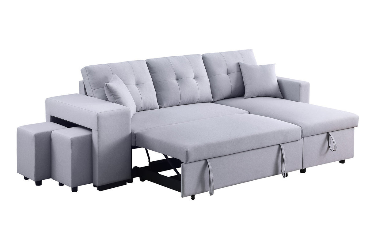 Dennis Light Gray Linen Fabric Reversible Sleeper Sectional with Storage Chaise and 2 Stools | Home Elegance USA