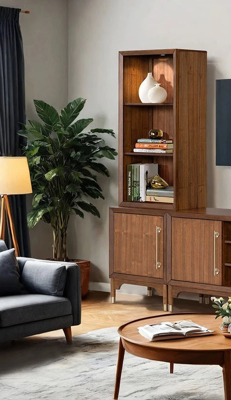 Mid-Century Modern TV Stand Entertainment Center Left Right Pier With Base Adjustable Shelves Gold Caped Legs LED On Pier Walnut Finish - sold by Home Elegance USA