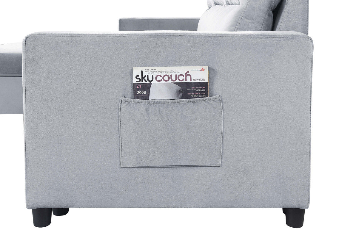 Ivy Light Gray Velvet Reversible Sleeper Sectional Sofa with Storage Chaise and Side Pocket - Home Elegance USA