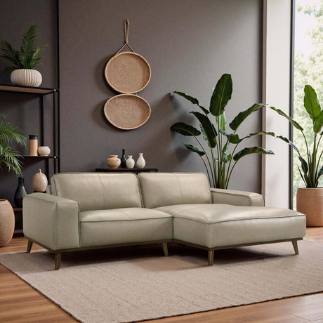 Kerrville Beige Leather Right Sectional Sofa with Chaise - Mid-Century Modern Style, Genuine Top Grain Leather, Walnut-Finished Wood Legs - sold by Home Elegance USA
