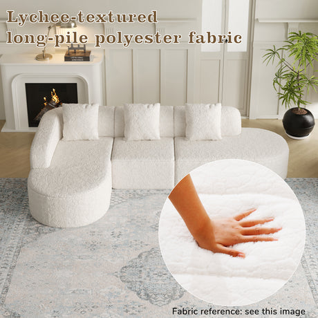 111.8-inch L-shaped curved modular sofa, modern design featuring lychee-textured long-pile polyester fabric, curved backrest with three pillows - sold by Home Elegance USA