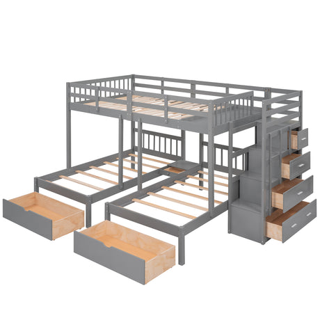 Full Over Twin & Twin Bunk Bed, Wood Triple Bunk Bed with Drawers and Guardrails (Gray) - sold by Home Elegance USA