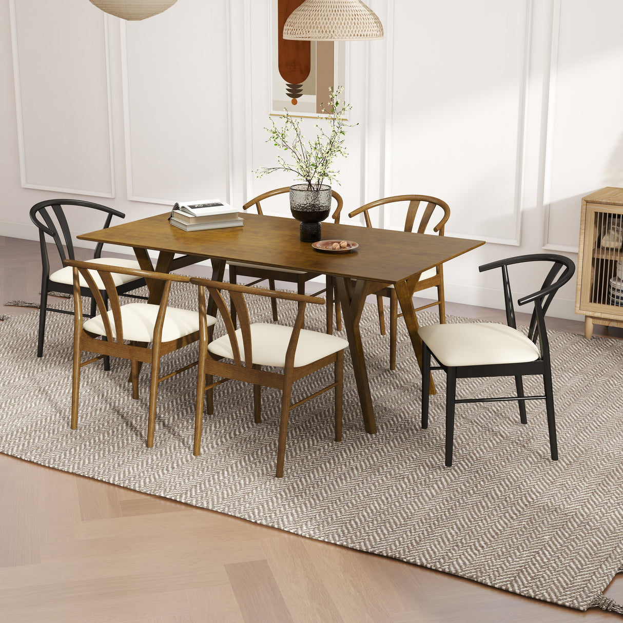 Lavin Modern 7-Piece Dining Set, Wood Dining Table with 4 Walnut and 2 Black Wishbone Chairs