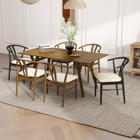 Lavin Modern 7-Piece Dining Set, Wood Dining Table with 4 Walnut and 2 Black Wishbone Chairs