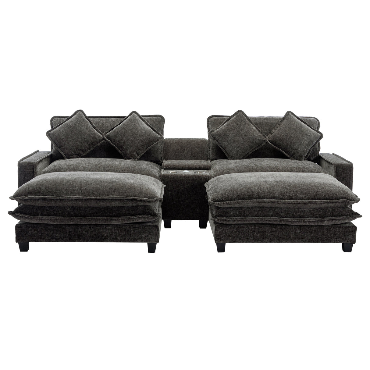 Modern Chenille Upholstered Sectional Sofa with Ottomans, USB Ports, Cup Holders, and Storage in Grey