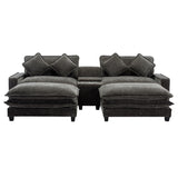 Modern Chenille Upholstered Sectional Sofa with Ottomans, USB Ports, Cup Holders, and Storage in Grey