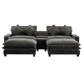 Modern Chenille Upholstered Sectional Sofa with Ottomans, USB Ports, Cup Holders, and Storage in Grey - sold by Home Elegance USA