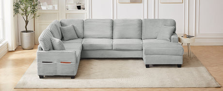 Modern U-shaped Sectional Sofa with Movable Ottoman and Side Storage Pockets, Grey Corduroy, 125.2' - sold by Home Elegance USA