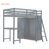 Twin Size Loft Bed with Wardrobe and Desk, Gray - Home Elegance USA