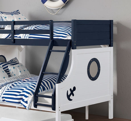 Twin Over Full Bunk Bed Modern Novelty Style Attached Ladder Upper Bed Rails And Lock Joint Structure For Safety Slat Kit Blue / White Finish - sold by Home Elegance USA