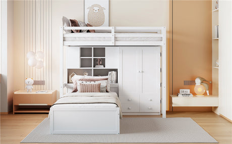 Twin Bunk Bed with Drawers, Wardrobe, Storage Shelves and Hydraulic Bed,White - sold by Home Elegance USA