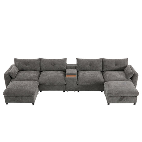 136'' Modular Sectional Sofa with Console, Cup Holder, USB Charger, Movable Storage Ottoman, Pull-line&Tufted Design, U-Shaped Oversized Chenille Sofa for Living Room&Apartment,2 Colors - sold by Home Elegance USA