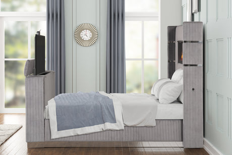 Lavish Modern Style 5 Pc Queen Bedroom Set Made with Fireplace in Headboard & TV stand in Footboard with Wood in Grey(CA INVENTORY) - sold by Home Elegance USA