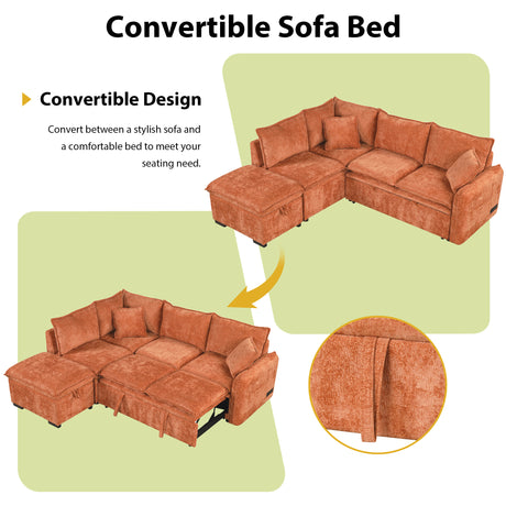 Convertible L-shaped Sofa Bed with Storage Ottoman, Power Sockets & USB Ports, Orange Chenille, 82.67' - sold by Home Elegance USA