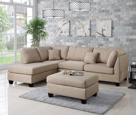 Sand Color 3pcs Sectional Living Room Furniture Reversible Chaise Sofa And Ottoman Polyfiber Linen Like Fabric Cushion Couch - sold by Home Elegance USA