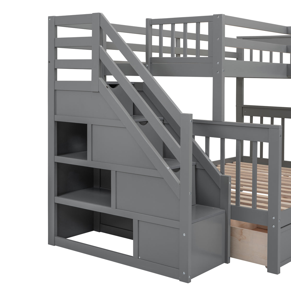 Twin-Twin over Full L-Shaped Bunk Bed With 3 Drawers, Portable Desk and Wardrobe, Gray(OLD SKU:LT100542AAE) - sold by Home Elegance USA