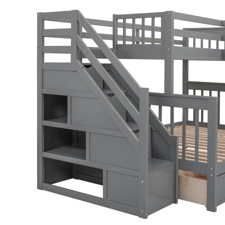 Twin-Twin over Full L-Shaped Bunk Bed With 3 Drawers, Portable Desk and Wardrobe, Gray(OLD SKU:LT100542AAE) - sold by Home Elegance USA