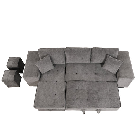 104.5' Modern L-Shape 3 Seat Reversible Sectional Couch, Pull Out Sleeper Sofa with Storage Chaise and 2 Stools for Living Room Furniture Set,Knox Charcoal (old sku:SG000431AAA) - sold by Home Elegance USA
