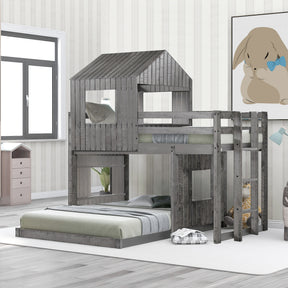 Wooden Twin Over Full Bunk Bed, Loft Bed with Playhouse, Farmhouse, Ladder and Guardrails , Antique Gray( old sku: LT000327AAE )