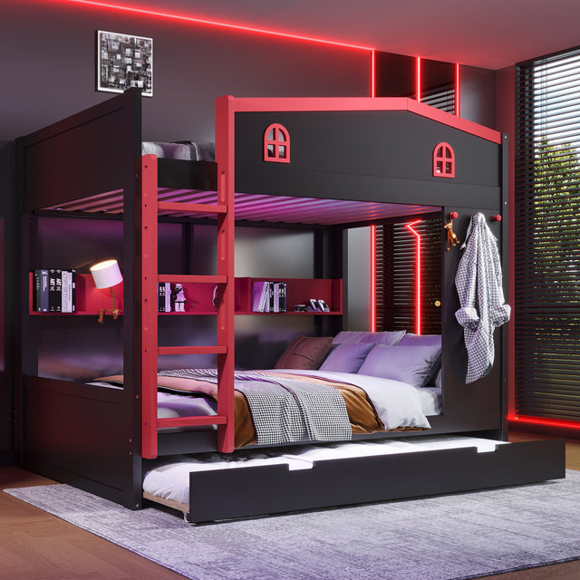 Queen over Queen Bunk Bed with Trundle and Storage Shelves, Solid Wood Bunk Beds with hooks, No Box Spring Needed,Black&Red