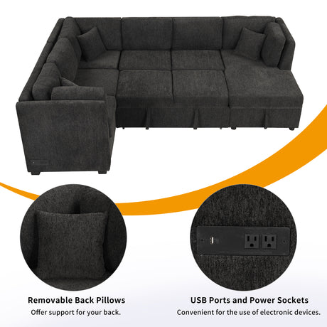 U-shaped Sectional Sofa Pull Out Bed with USB Ports, Power Sockets, Back Pillows & Storage Chaise, Black Chenille, 108.6' - sold by Home Elegance USA