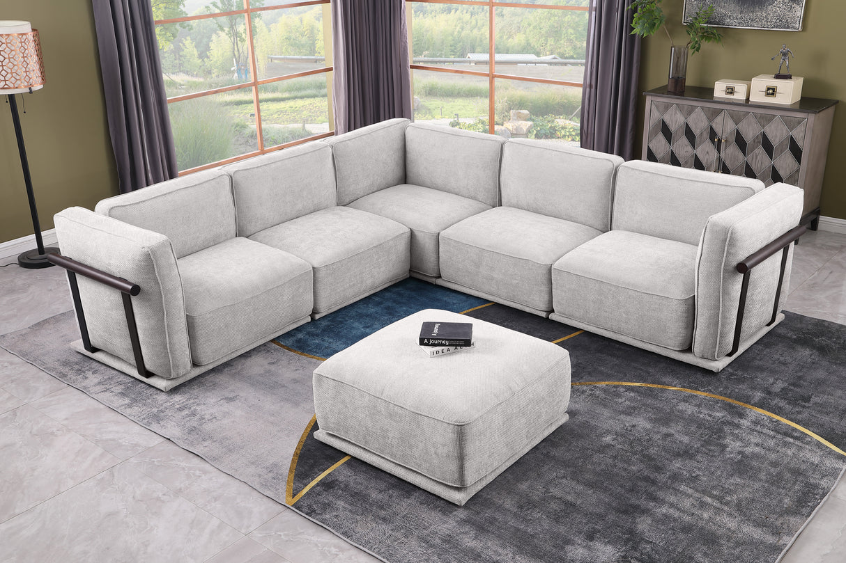 This is a set of  modular fabric sofa, including a corner module and multiple independent seating areas, paired with square ottomans of the same material.