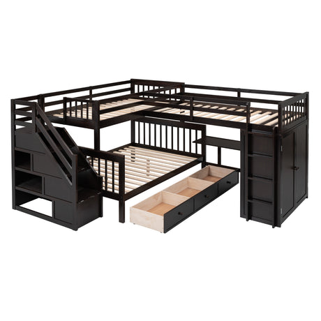 Twin-Twin over Full L-Shaped Bunk Bed With 3 Drawers, Portable Desk and Wardrobe, Espresso(OLD SKU:LT100542AAP) - sold by Home Elegance USA