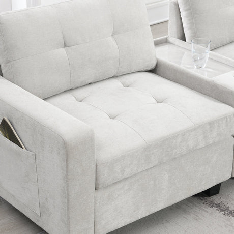 Chenille U Shaped Sectional Sofa with Acrylic Table Top, USB Charger, Storage Drawers, Pockets and Movable Ottoman - sold by Home Elegance USA