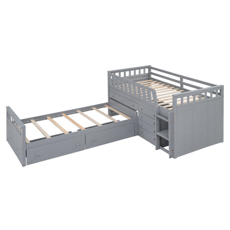 Modern Gray L-Shaped Space-Saving Twin Loft and Platform Bed with 7 Drawers and Full Guardrails