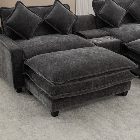 Modern Chenille Upholstered Sectional Sofa with Ottomans, USB Ports, Cup Holders, and Storage in Grey - sold by Home Elegance USA