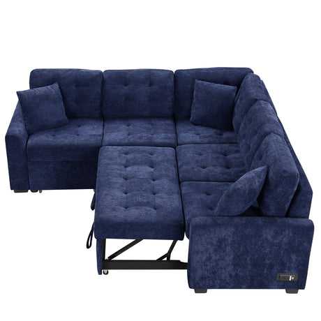 Navy Blue L-shape Sofa Bed with Pull-out Sleeper, USB Ports, Power Sockets, Corded Velveteen, 82.6' - sold by Home Elegance USA
