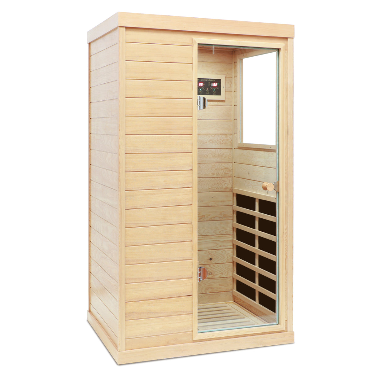 Sauna de infrarrojos lejanos Hemlock Mini para una persona con puerta derecha, madera de cicuta natural, tamaño compacto