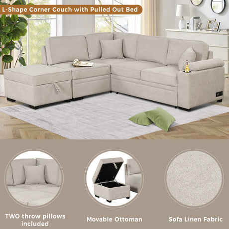 2 in 1 Sleeper Sofa Bed with Storage Ottoman, Beige Linen Upholstery, 84.75' L Shape Couch for Small Spaces - sold by Home Elegance USA