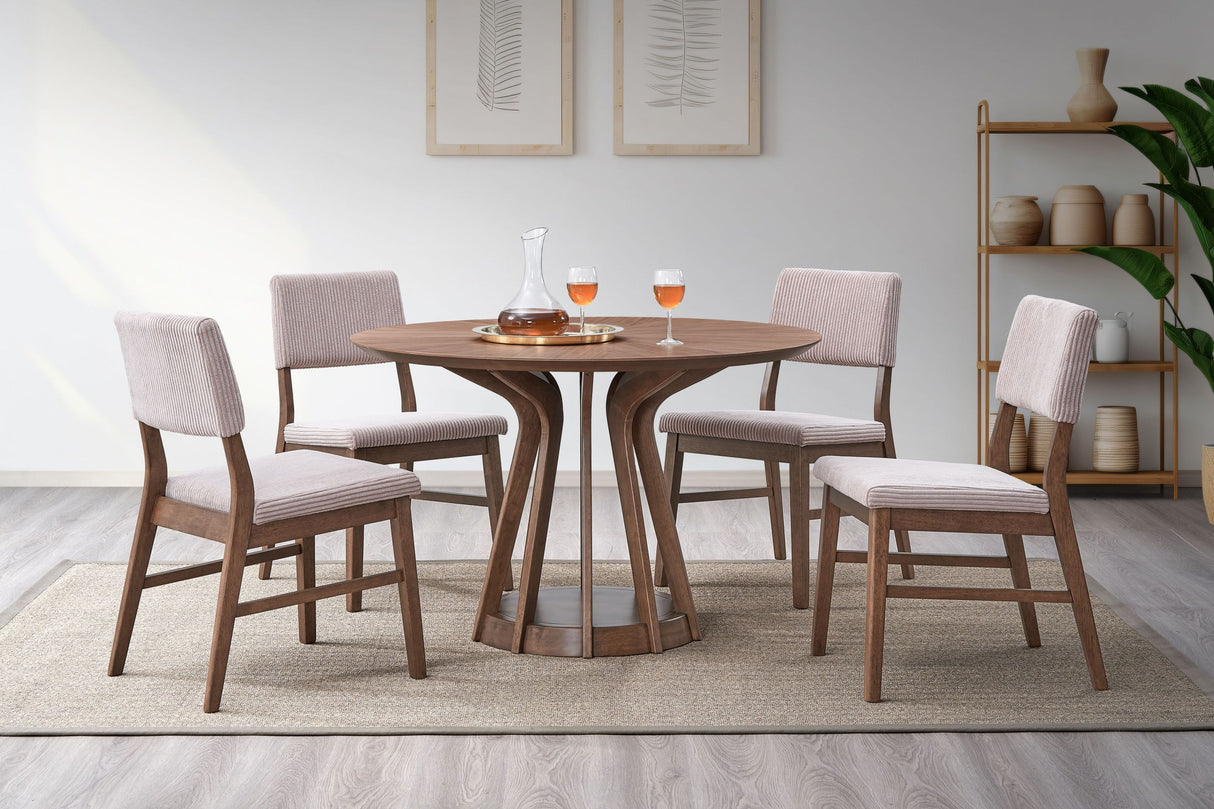 Seda 5Pcs Walnut Finish Round Table w/Dusty Mauve Corduroy Chair Dining Set