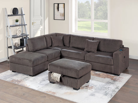 Chocolate Fur-Like Corduroy Sectional Sofa Reversible Chaise Sofa w USB Storage Ottoman Upholstered Couch Pillows 3pc Set Living Room - sold by Home Elegance USA