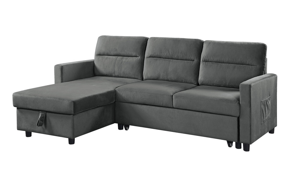 Ivy Dark Gray Velvet Reversible Sleeper Sectional Sofa with Storage Chaise and Side Pocket - Home Elegance USA