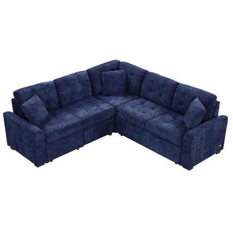 Navy Blue L-shape Sofa Bed with Pull-out Sleeper, USB Ports, Power Sockets, Corded Velveteen, 82.6' - sold by Home Elegance USA
