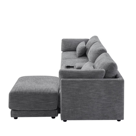 124'' L-Shaped Sectional Sofa with Multi-Functional Storage Console, Wired&Wireless Charger, Movable Ottoman, Wider&Thicker Cushion, Free Combination for Living Room&Apartment, Chenille - sold by Home Elegance USA