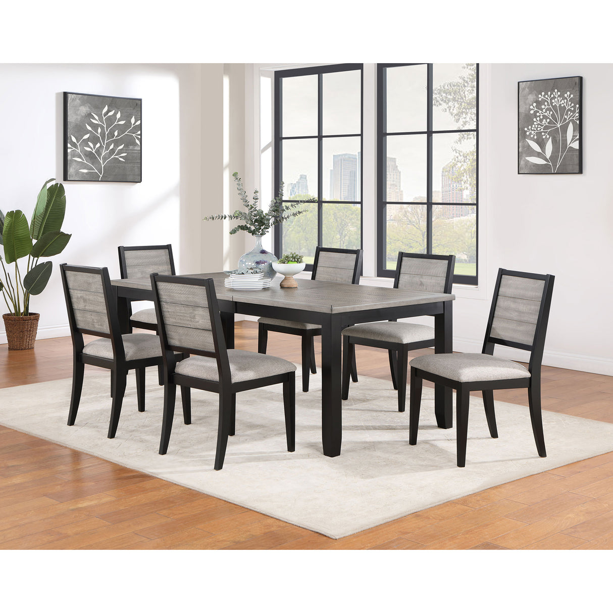 Juego de mesa de comedor Centera gris y negro de 7 piezas