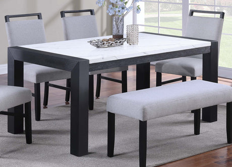 Modern Style Dining Table 4x Side Chairs Dining Bench White Faux Marble Top Table Bench 4x Chairs Wooden 6pc Dining Set - sold by Home Elegance USA