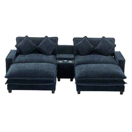 Contemporary Chenille Upholstered Sectional Sofa with Ottomans, USB Ports, Cup Holders & Storage, Blue - sold by Home Elegance USA