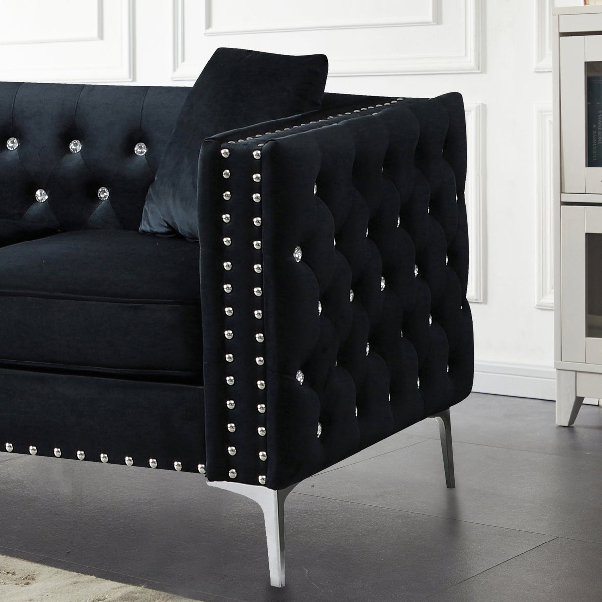 82.3" Width Modern Velvet Sofa Jeweled Buttons Tufted Square Arm Couch Black,2 Pillows Included | Home Elegance USA