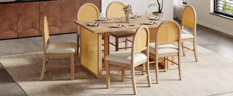 TREXM 7-Piece Farmhouse Dining Table Set for 6 - 59.8' Rectangular Dining Table with Distressed Oak Veneer and 6 Rattan Chairs, Rustic Kitchen Furniture for Dining Room(Natural) - sold by Home Elegance USA