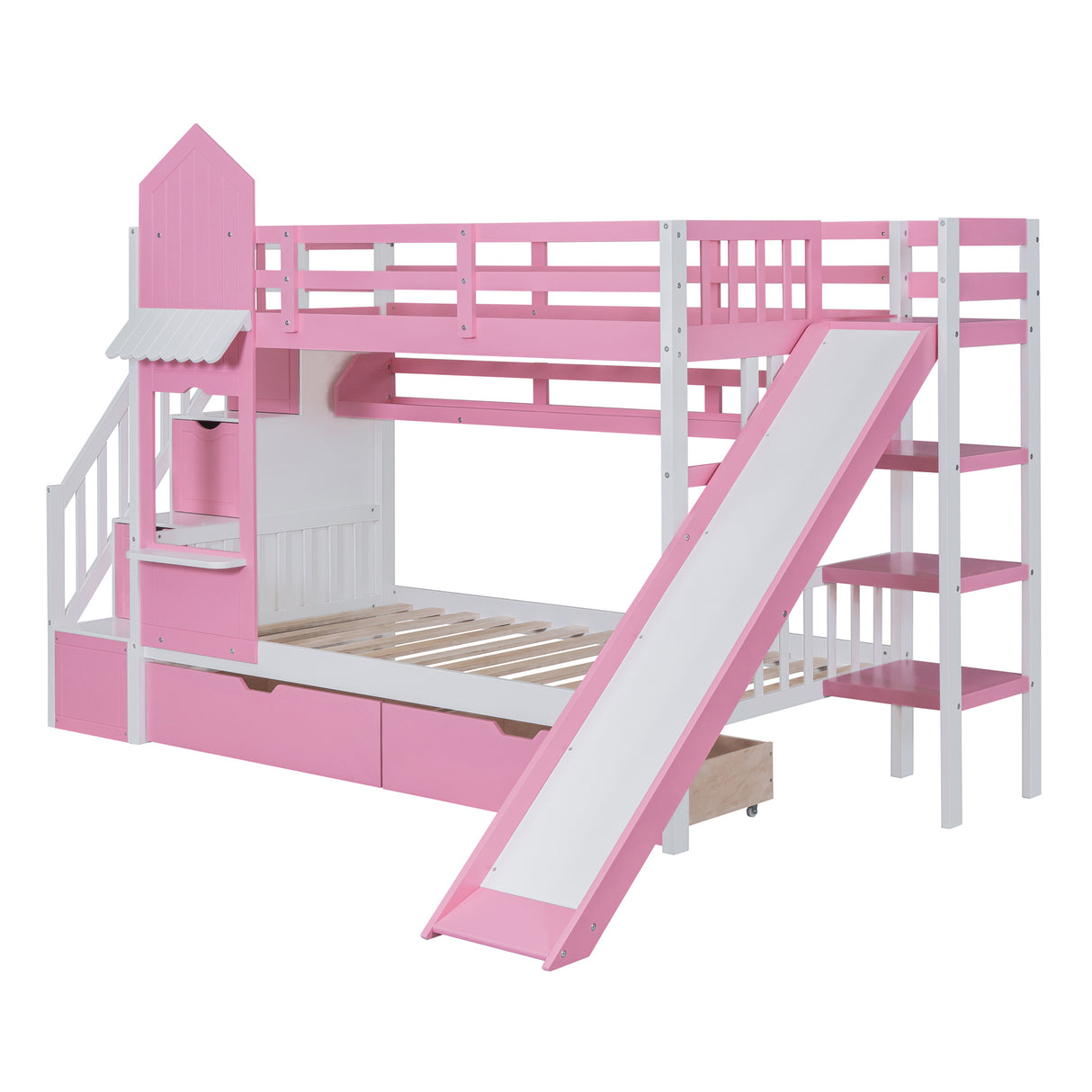 Twin-Over-Twin Castle Style Bunk Bed with 2 Drawers 3 Shelves and Slide - Pink - Home Elegance USA