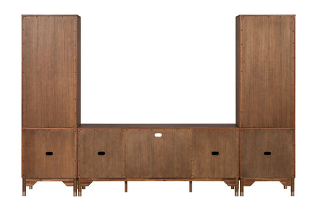 Mid-Century Modern TV Stand Entertainment Center Left Right Pier With Base Adjustable Shelves Gold Caped Legs LED On Pier Walnut Finish - sold by Home Elegance USA