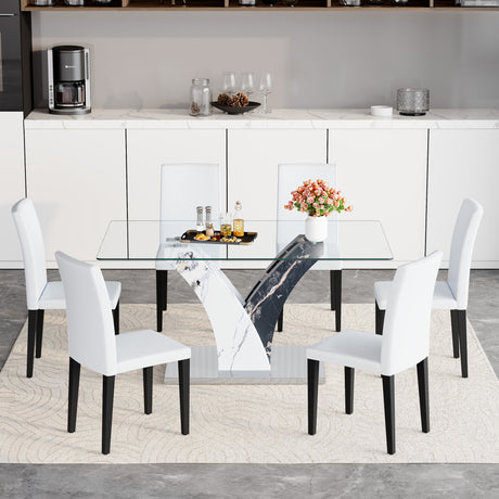 Table and chair set.Modern dining table, tempered glass countertop, and artistic MDF legs.Paried With 6 White PU dining chairs, simple and versatile, comfortable and accompanied. - sold by Home Elegance USA